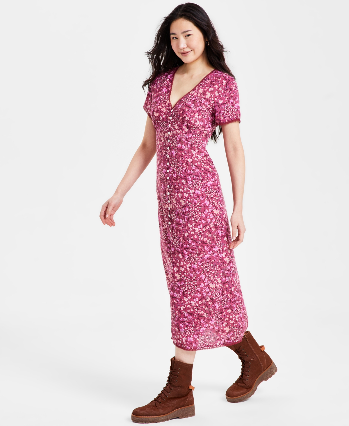 LUCKY BRAND WOMEN'S LACE-TRIM FLORAL MIDI DRESS 