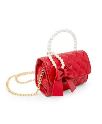 Girls Quilted Pearl Handle Bow Ribbon Handbag, Red
