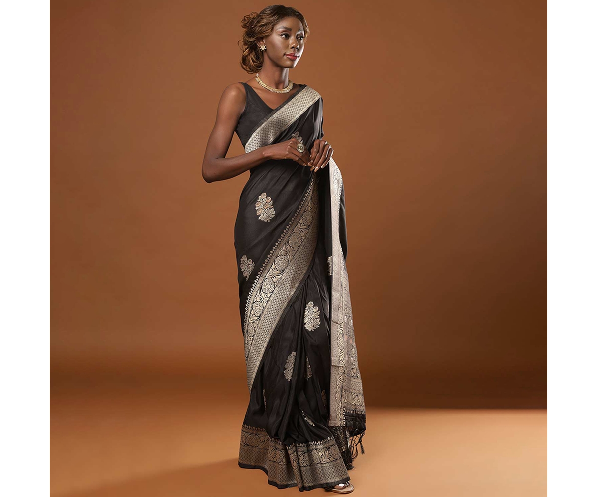 One Minute Saree Petite HibanaArt Silk Banarasi Ready to Wear Sari - Black