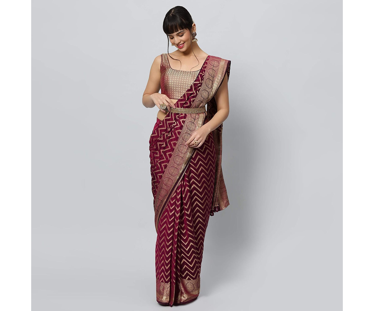One Minute Saree Petite Lucia Wine Gold Zigzag Embroidered Light Ready to Wear Sari