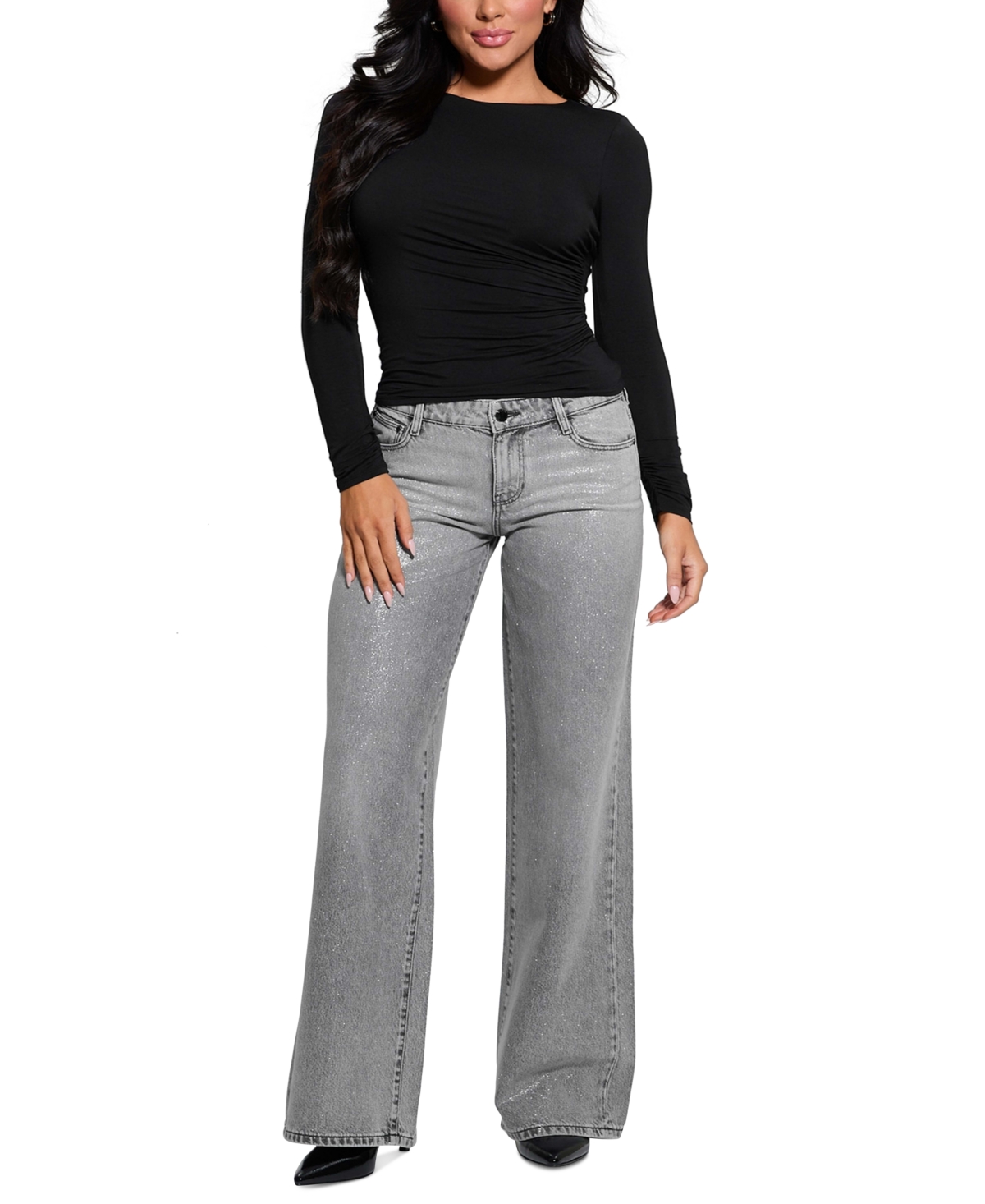 Guess Women's Long-Sleeve Shirred Top - JET BLACK A996