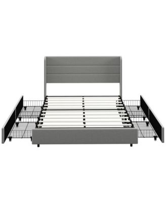 Queen Size Bed Frame with Headboard 4 Drawers Noise-Free, Light Gray