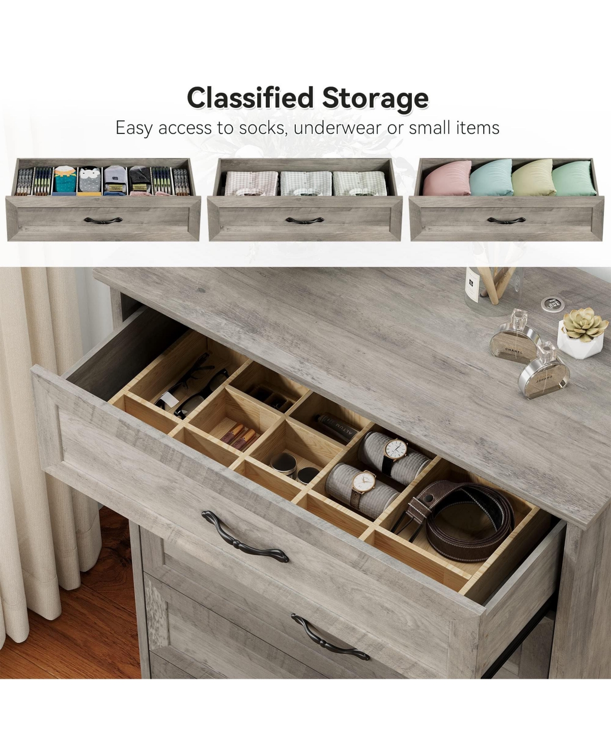 gaomon Modern 5 Drawers Dresser, Chest of Drawers Closet Organizers and Storage Clothes, Modern Dressers - Grey