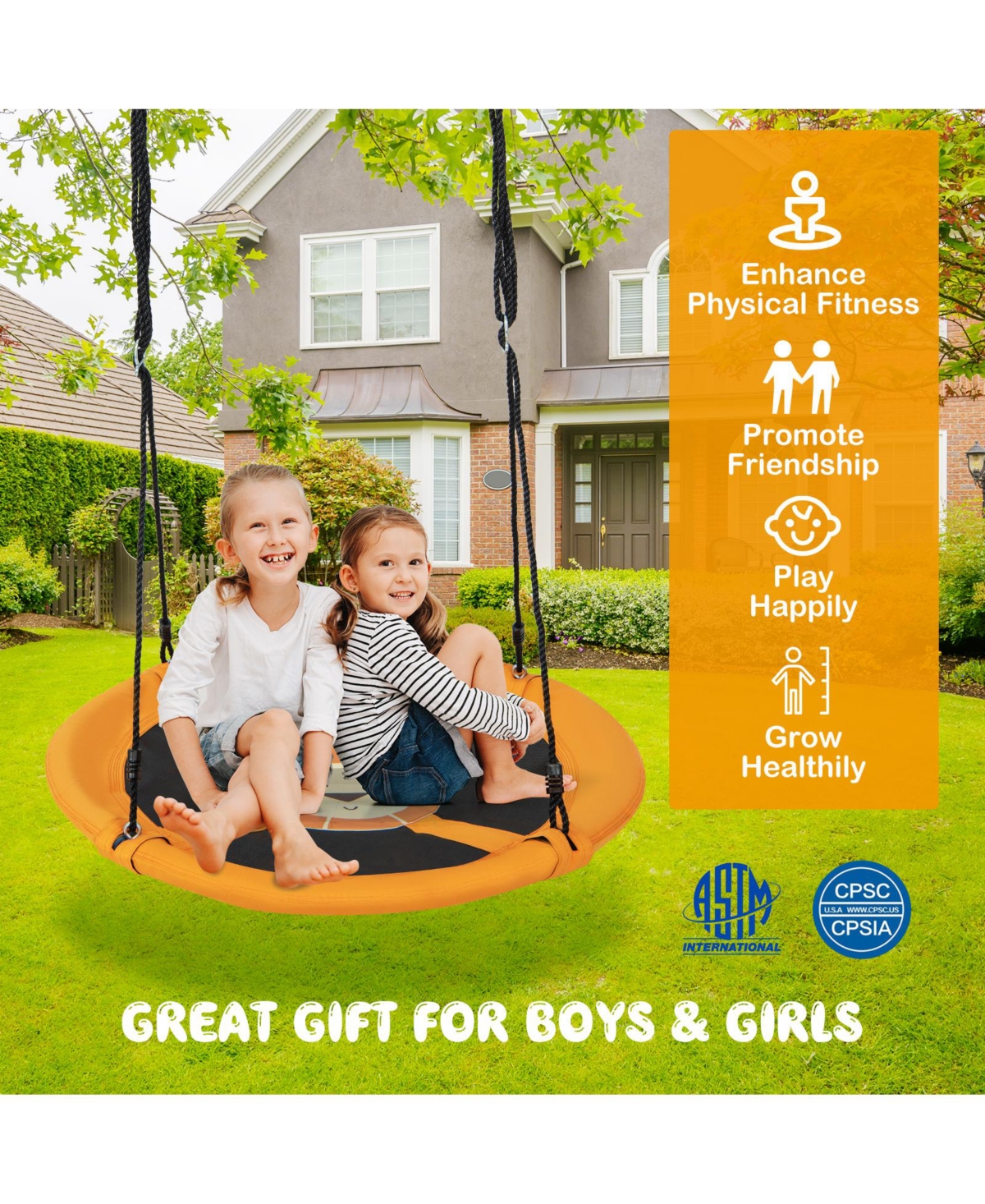 Sugift Kids Inches Saucer Tree Swing Round with Adjustable Ropes and Carabiners-Yellow