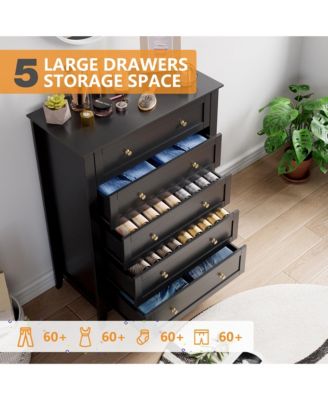 White 5 Chest of Drawer Dresser, Modern Tall Nightstand with Deep Drawers and Nickel Round Handle