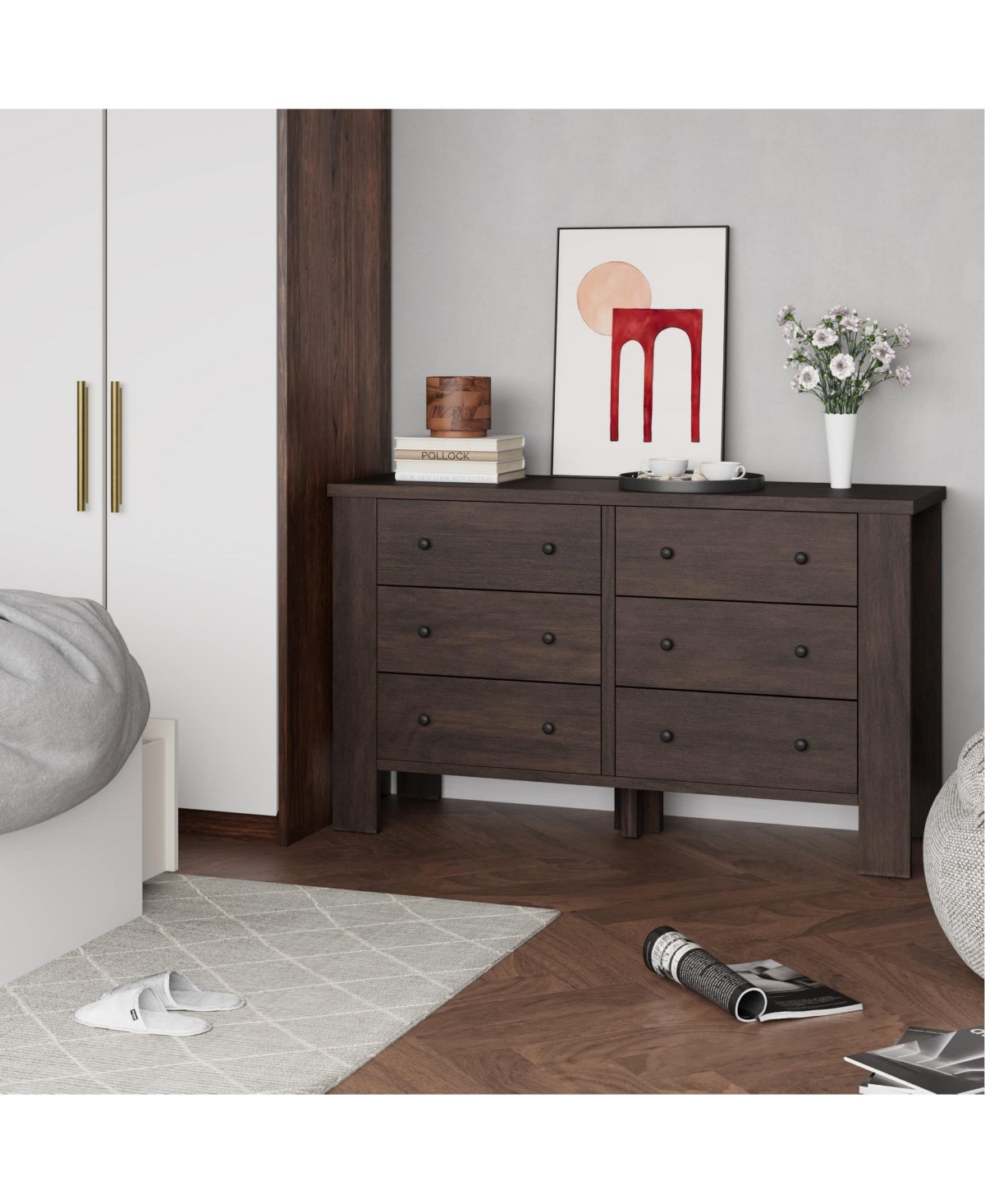 gaomon Dark Brown Dresser for Bedroom, 6 Drawer Dresser with Metal Handle, Dresser Organizer