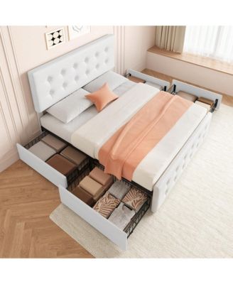 Linen Upholstered Bed Frame with Headboard, 4 Storage Drawers, Wooden Slats, Button Tufted Design, No Box Spring Needed, Easy to Assemble