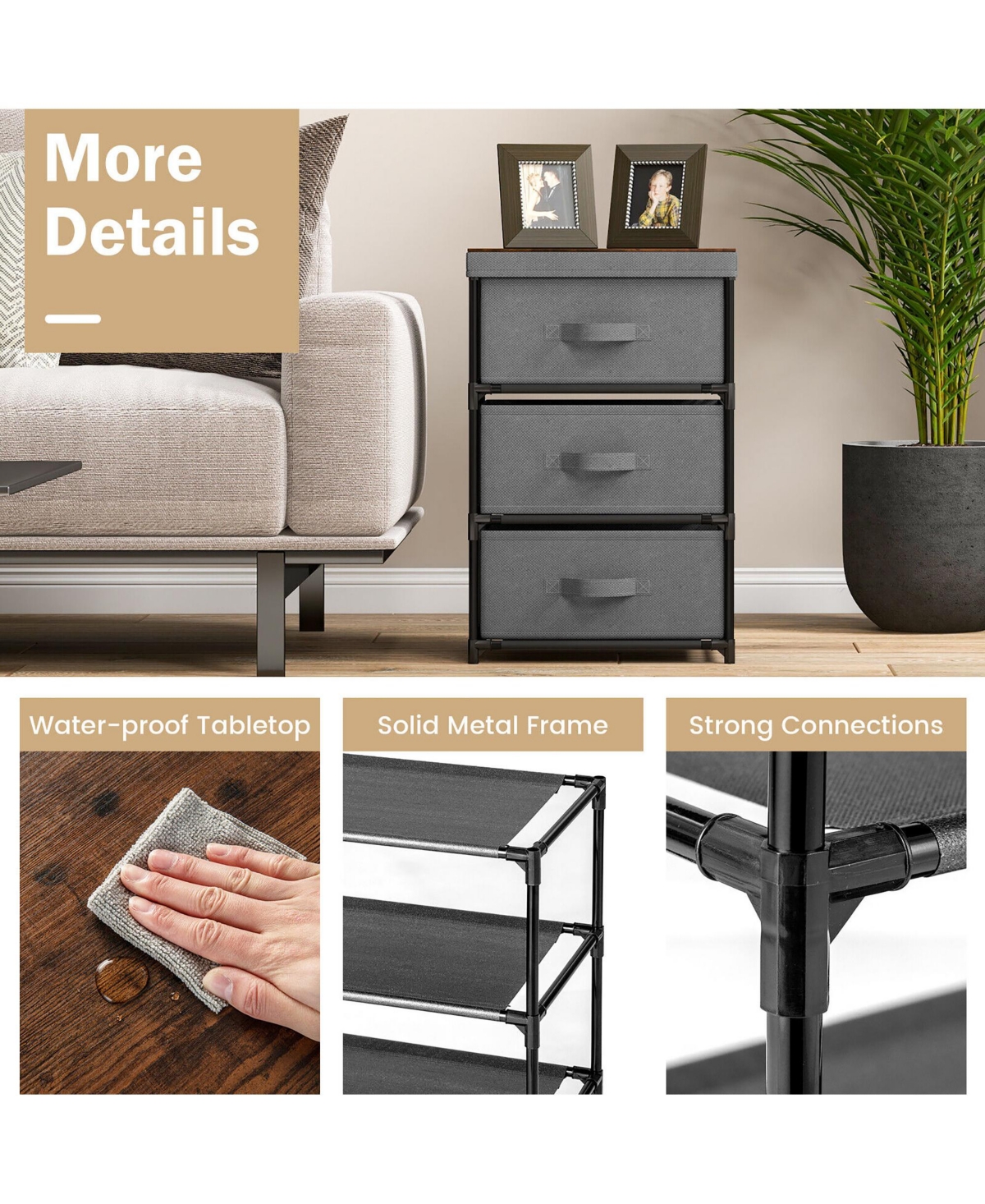 Gymax 2PCS 3 Drawers Dresser Fabric Storage Tower Organizer Unit Tall Nightstand Side Table - Grey + rustic brown