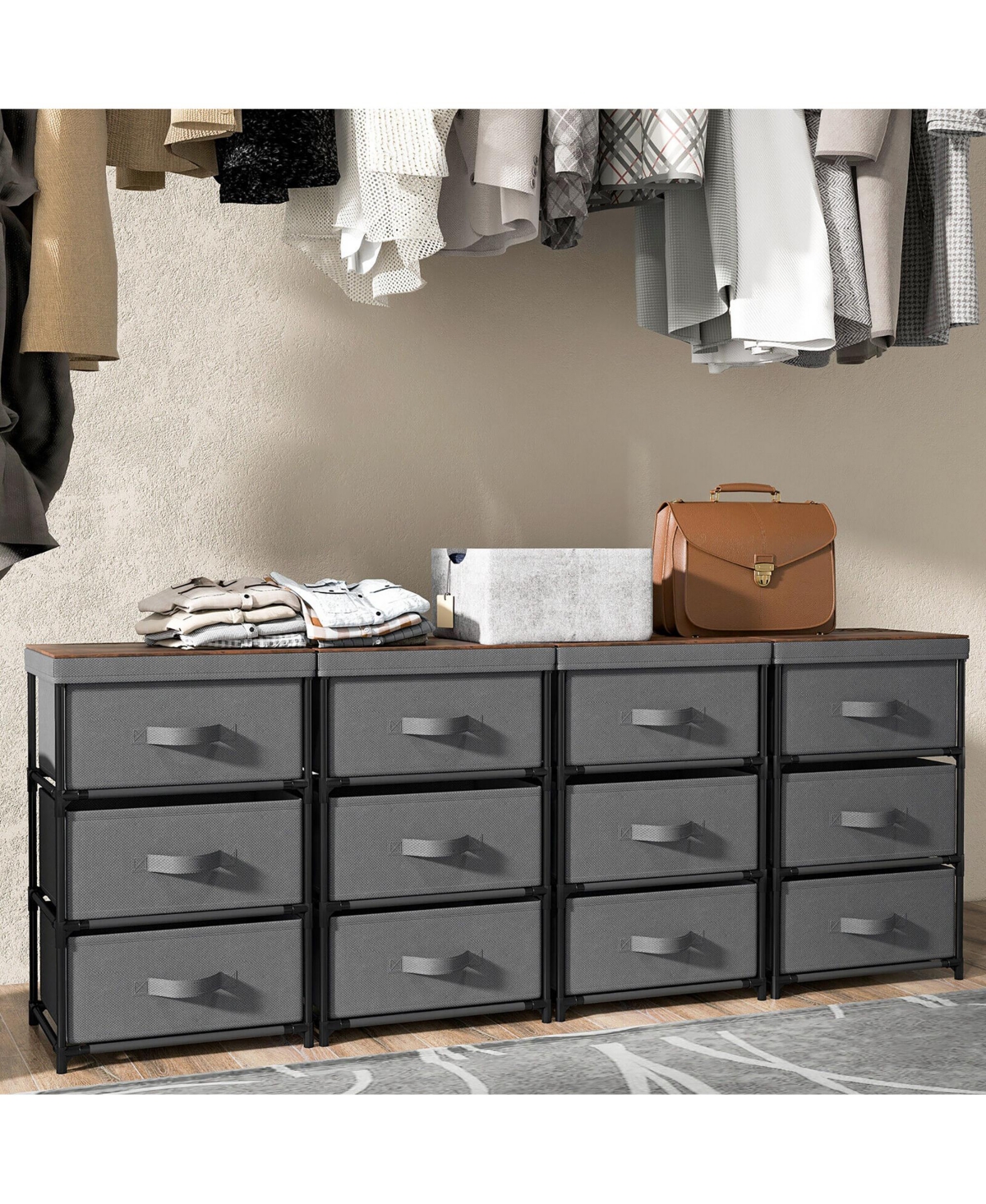 Gymax 2PCS 3 Drawers Dresser Fabric Storage Tower Organizer Unit Tall Nightstand Side Table - Grey + rustic brown