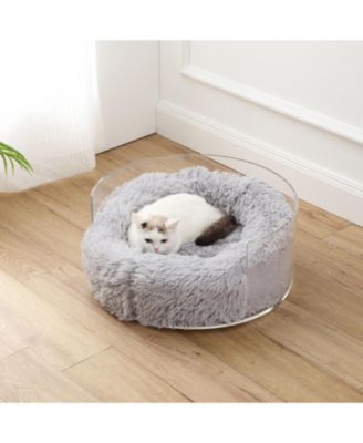Bette 20.75" x 20.75" Small/Medium Modern Acrylic Calming Fluffy Donut Pet Bed with Washable Cover, Light Gray/Clear