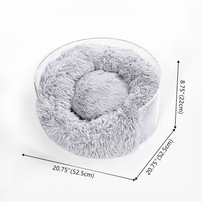 Bette 20.75" x 20.75" Small/Medium Modern Acrylic Calming Fluffy Donut Pet Bed with Washable Cover, Light Gray/Clear
