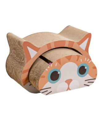 Opal 19" Modern Cardboard Happy Cat Head 2-in-1 Cat Cave Scratcher with Built-In Bell Toys and Catnip