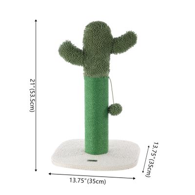 Pecos 21" Modern Jute Cactus Cat Scratching Post with Fuzzy Toy, Green/White