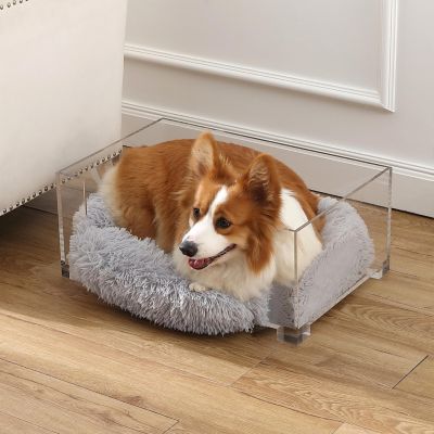 Billie 24" x 15.75" Small Modern Acrylic Calming Fluffy Pet Bed with Washable Cushion and 4" Elevated Pet Feeder with 27 oz 2-Stainless Steel Bowls, Light Gray/Clear (Set of 2)