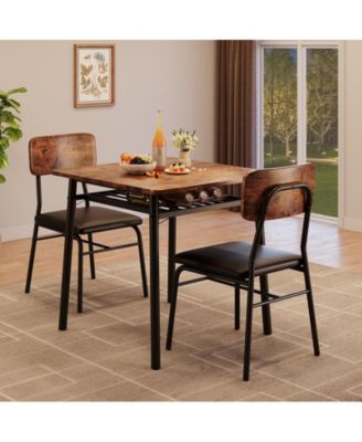 3-Piece Dining Table Set, Modern Kitchen Table Set for 2, Dining Table and Chairs for 2 with Metal Frame, Storage Rack, Square Table and 2 Padded Chairs for Small Space, Apartment, Brown