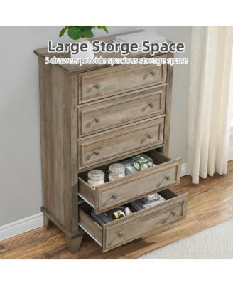 5 Drawers Dresser for Bedroom, White Dresser with Wide Drawers, Wood Chest of Drawers, Tall Dresser for Bedroom