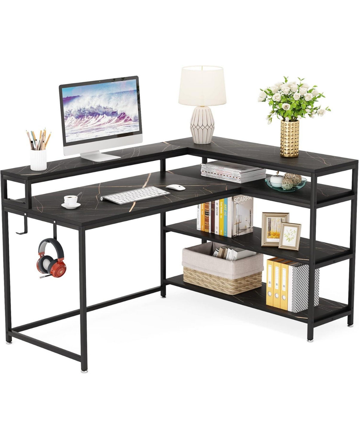 Tribesigns 53 Inch Reversible Shaped Desk with Storage Shelf,Shelves and Monitor Stand, Gaming Desk for Home Office