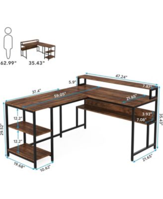 Reversible Corner Computer Desk with Storage Shelves,59 Inch L Shaped Desk with Monitor Stand,Study Writing Table Workstation for Home Office, Rustic Brown