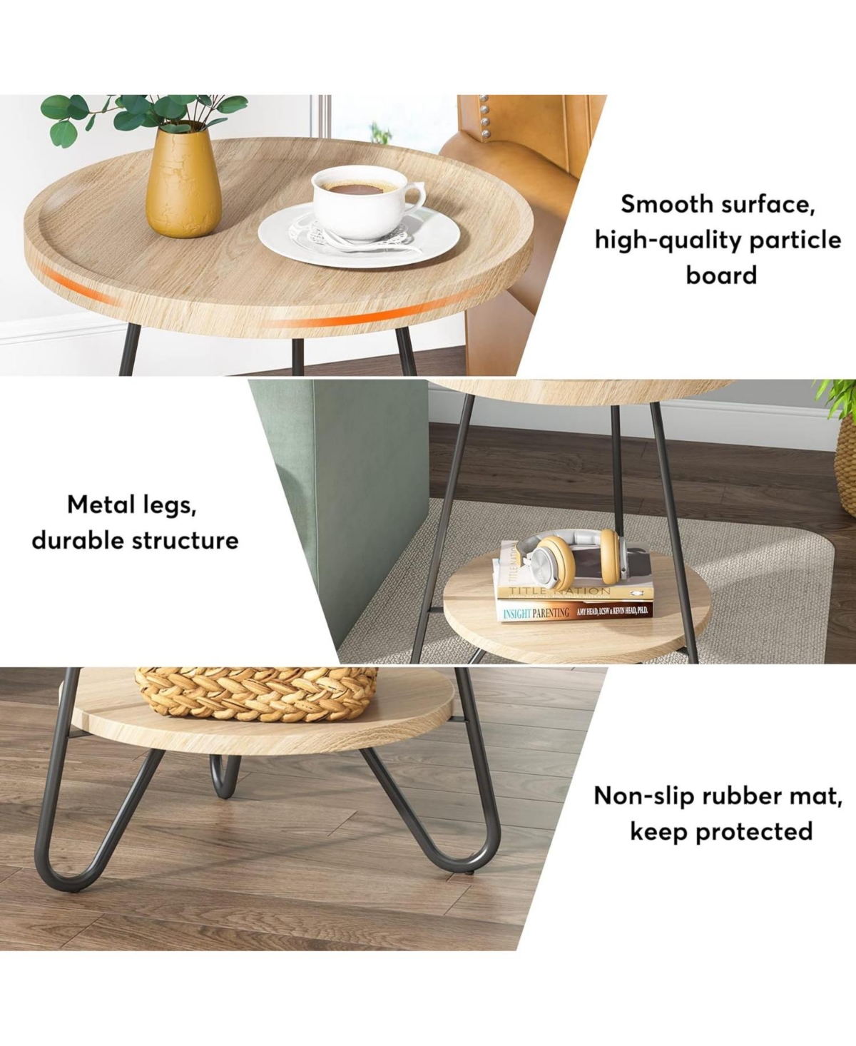 Tribesigns Set of 2 Round End & Side Table with Metal Legs, Modern Industrial Beside Table, Accent Table Snack Table