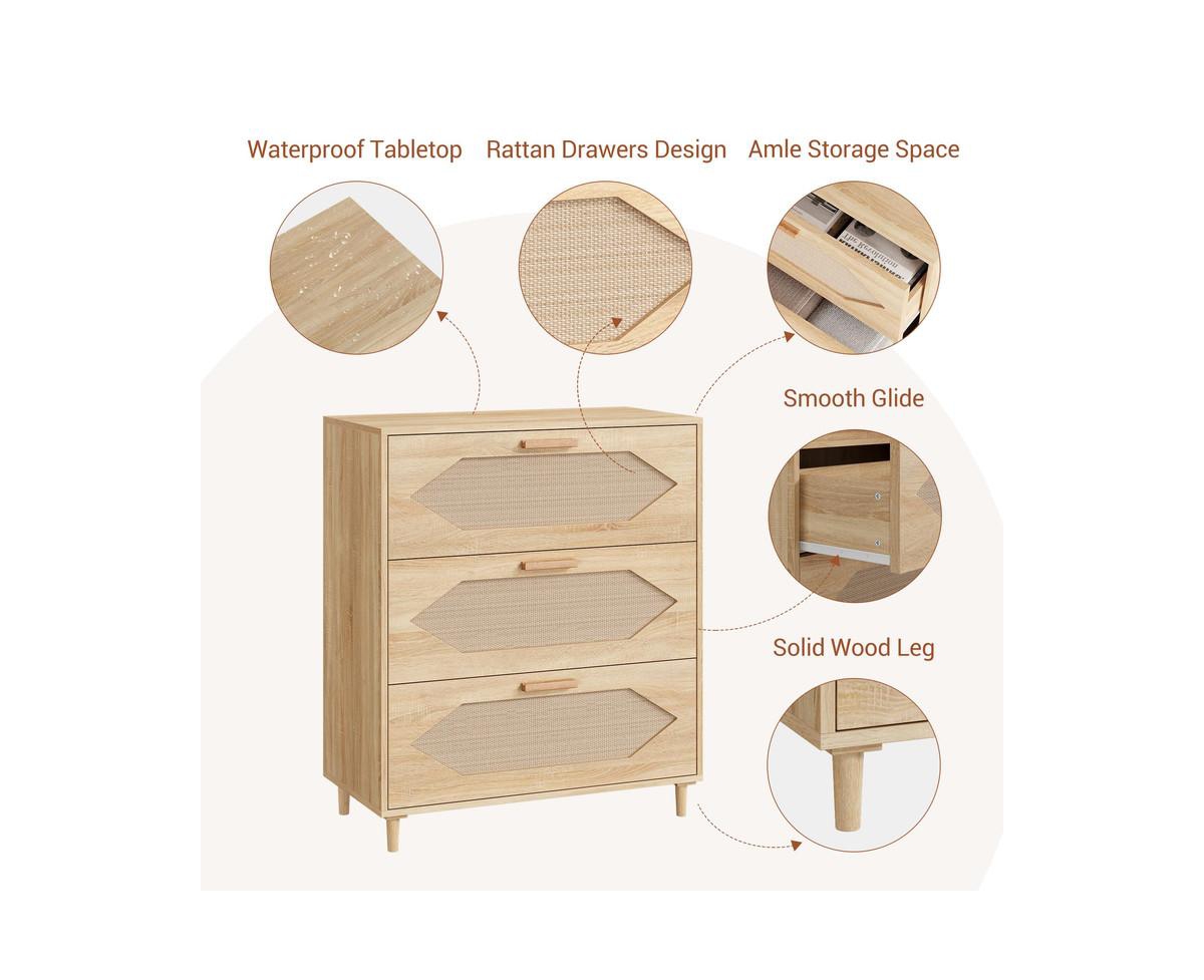gaomon Dresser for Bedroom with 3 Drawers, Rattan Dresser with Spacious Storage, Modern Wooden Closet Dressers Chest of Drawers, Wood Nightstand for B
