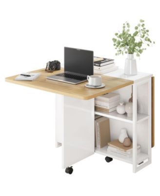 Folding Dining Table, Drop Leaf Dining Table with 6 Wheels and 2-Layer Storage Shelf, Space Saving Dining Table for Small Spaces Collapsible Expandable Rectangle for Dining/Kitchen Room