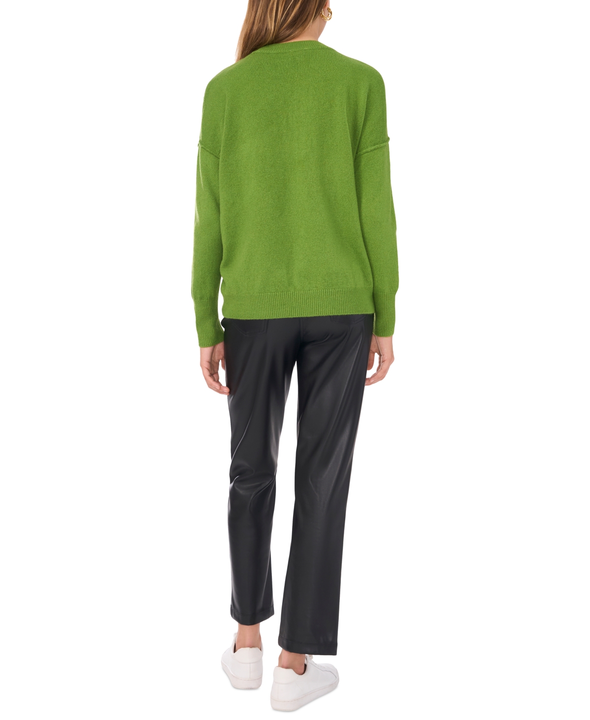 Vince Camuto Womens Ribbed Trim Acrylic Crewneck Sweater In Green