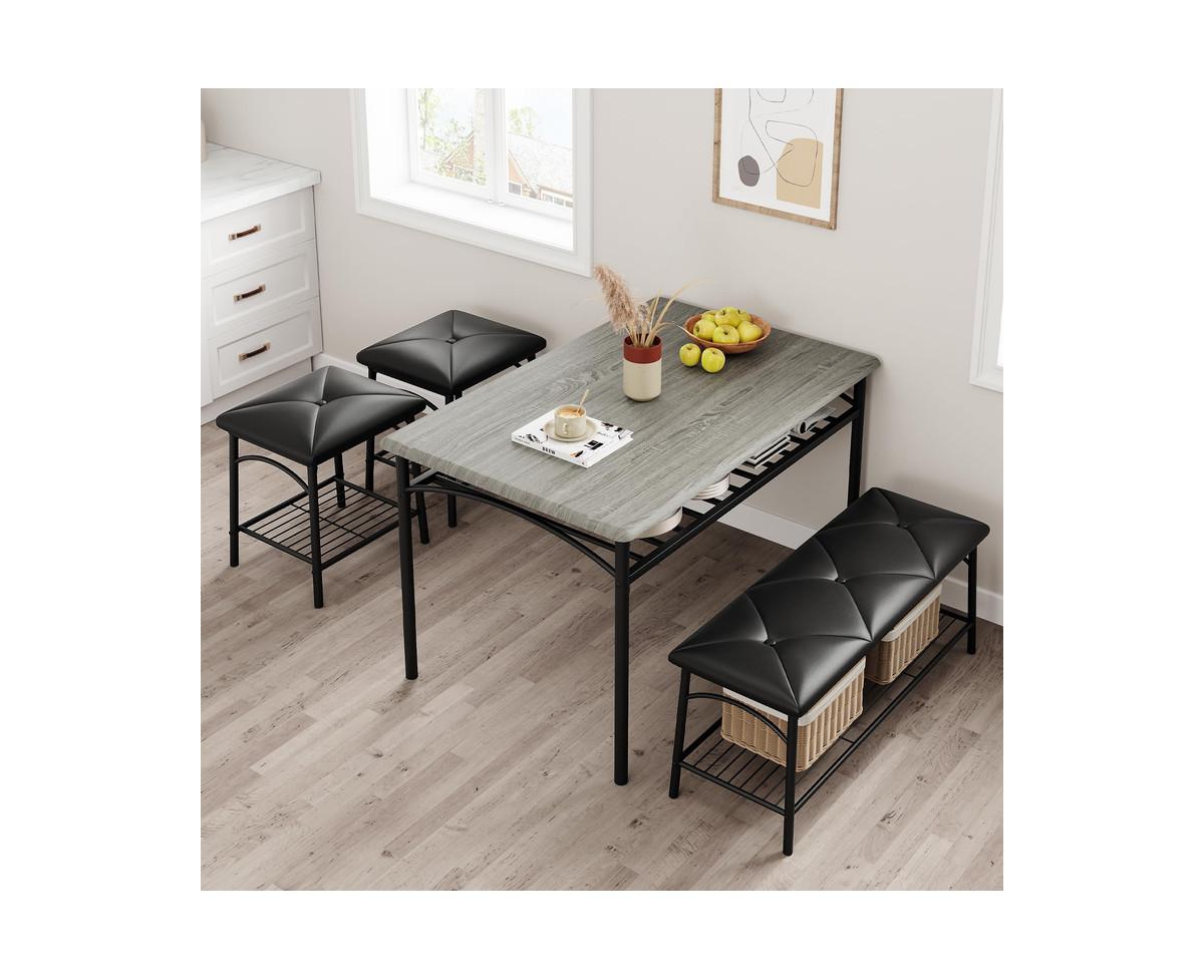 gaomon Dining Table with Benches, Kitchen Table Set for 4, Dining Room Table Set with Upholstered Bench and Square Stools, Metal and Wood Dining Table