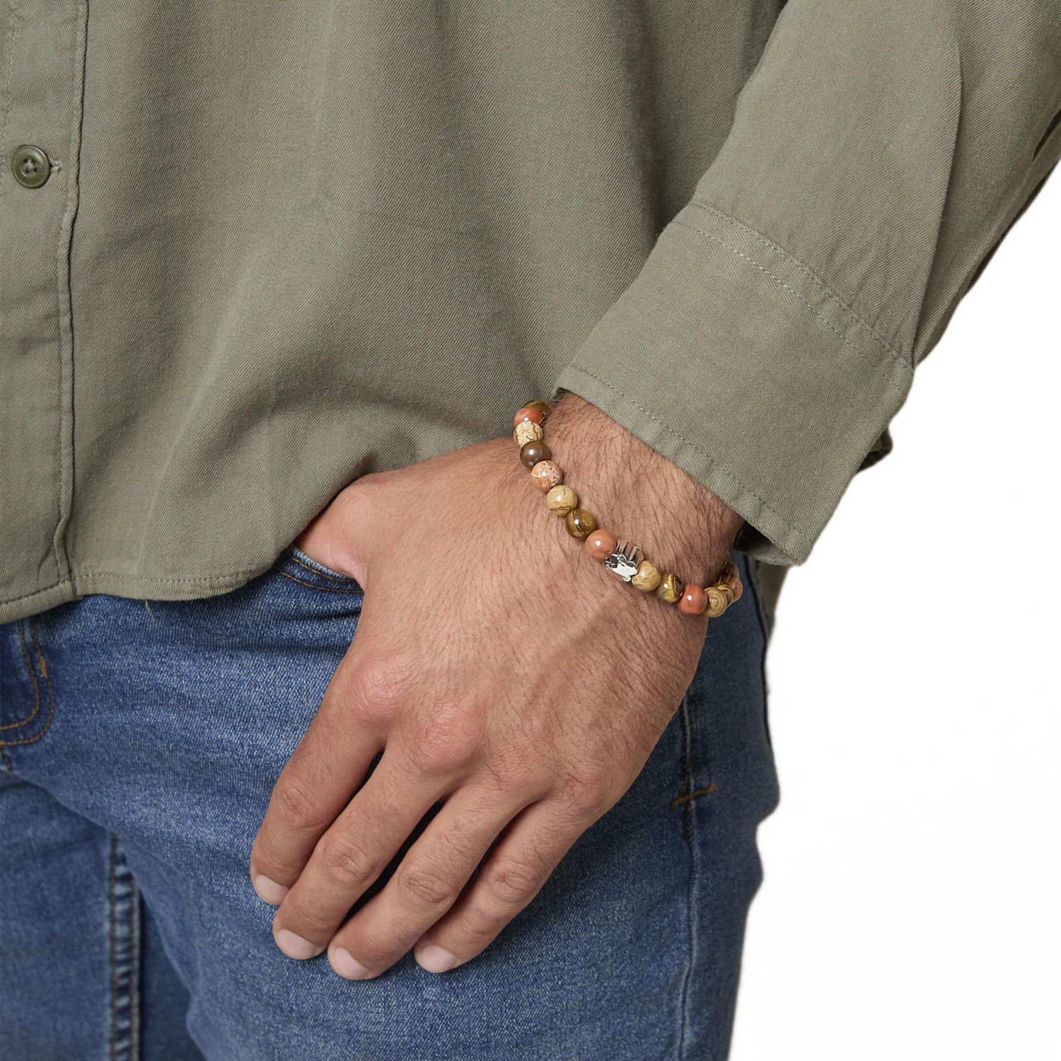 Red Jasper Mens Bracelet, Stretch Beaded Bracelet for Men with Clover Logo and Jasper Beads