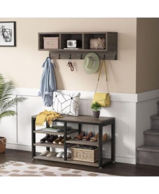 Coat Rack Set and Industrial Shoe Bench, 3 Storage Cubbies, 7 Hooks for Entryway, Hallway, 5-in-1Design