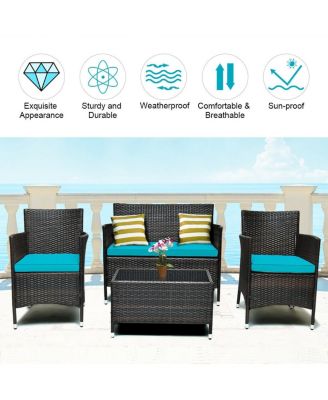 4 Pieces Patio Rattan Sofa Set with Chairs and Glass Coffee Table