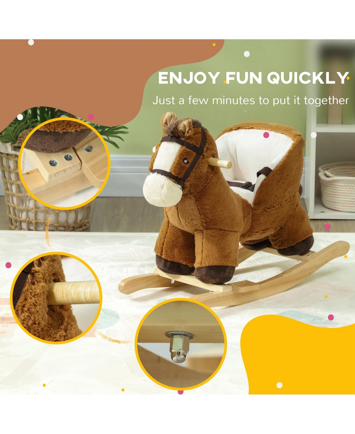 Qaba Baby Rocking Horse, Kids Ride on Horse w/ Sound, Safety Belt,- Brown