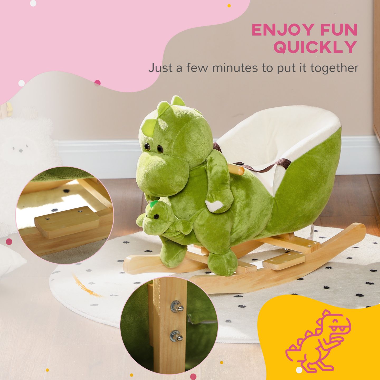 Детские игрушки Qaba Rocking Dinosaur, Wood Frame, with 32 Songs & Seat Belt, 55 lbs. Capacity, Ages 18-36 Months, цвет: Зелёный — фото 6