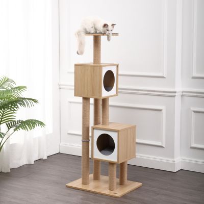 Sawyer 56" 3-Tier Minimalist Jute Cat Tree Condo with Scratching posts, and Fuzzy Toy, Brown/White