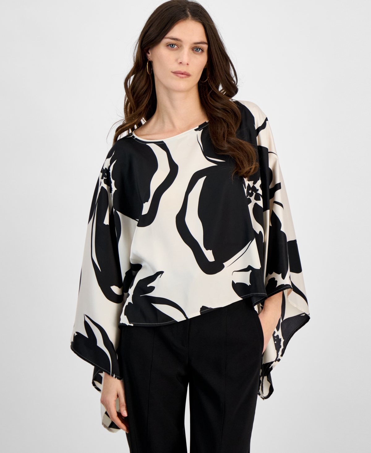 Anne Klein Women's Printed Dolman-Sleeve Cape Blouse -anne Wht