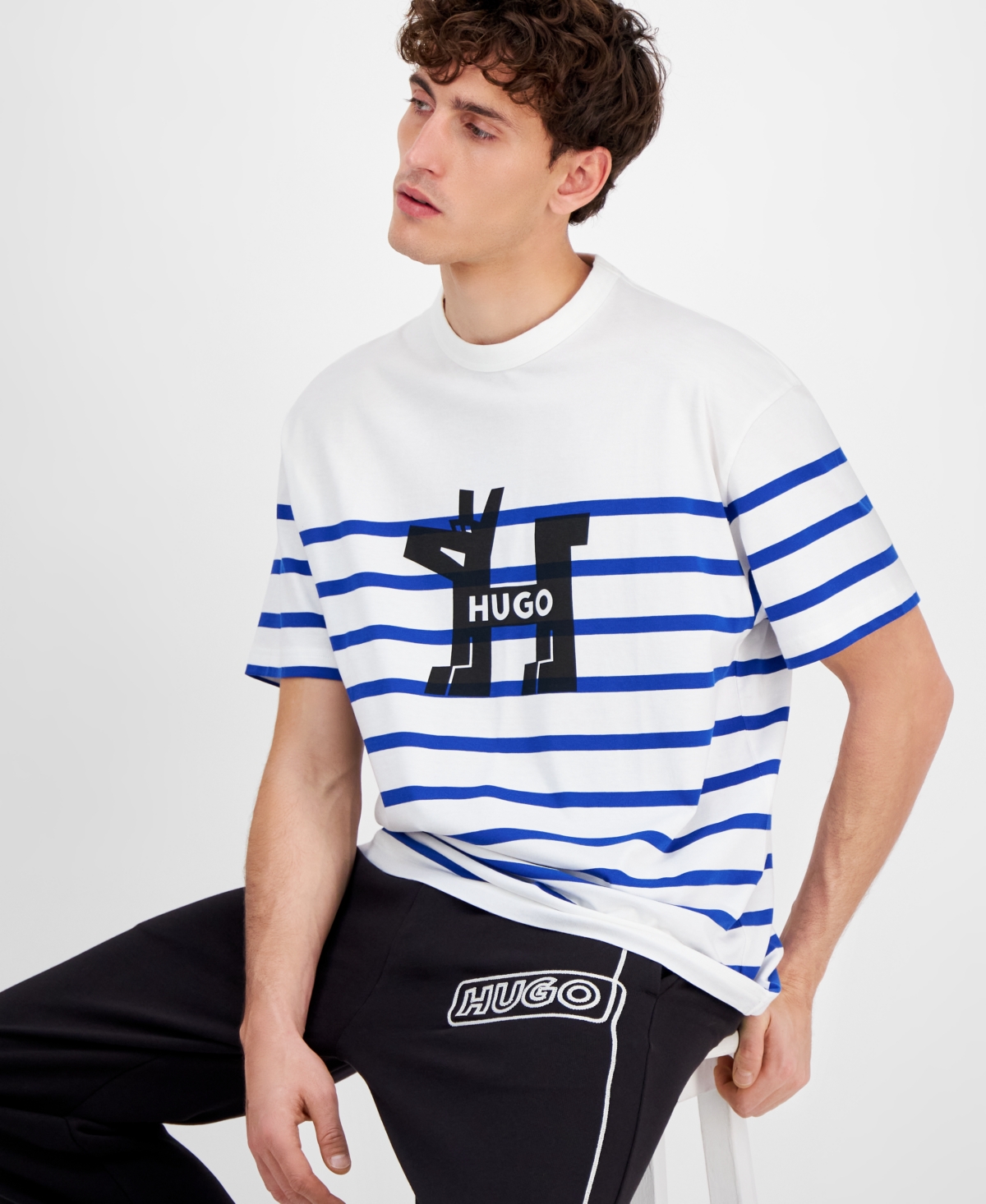 Hugo Boss Men's Relaxed Fit Short Sleeve Striped Crewneck Logo T-Shirt