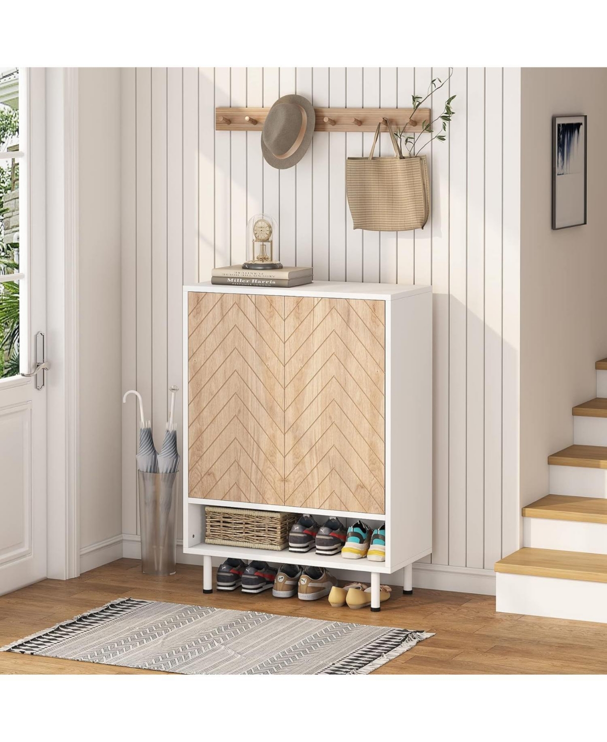 Tribesigns 6-Tier Shoe Cabinet, 18 Pair Rack Organizer Cabinet with Door and Shelves for Entryway Hallway Closet - White and beige