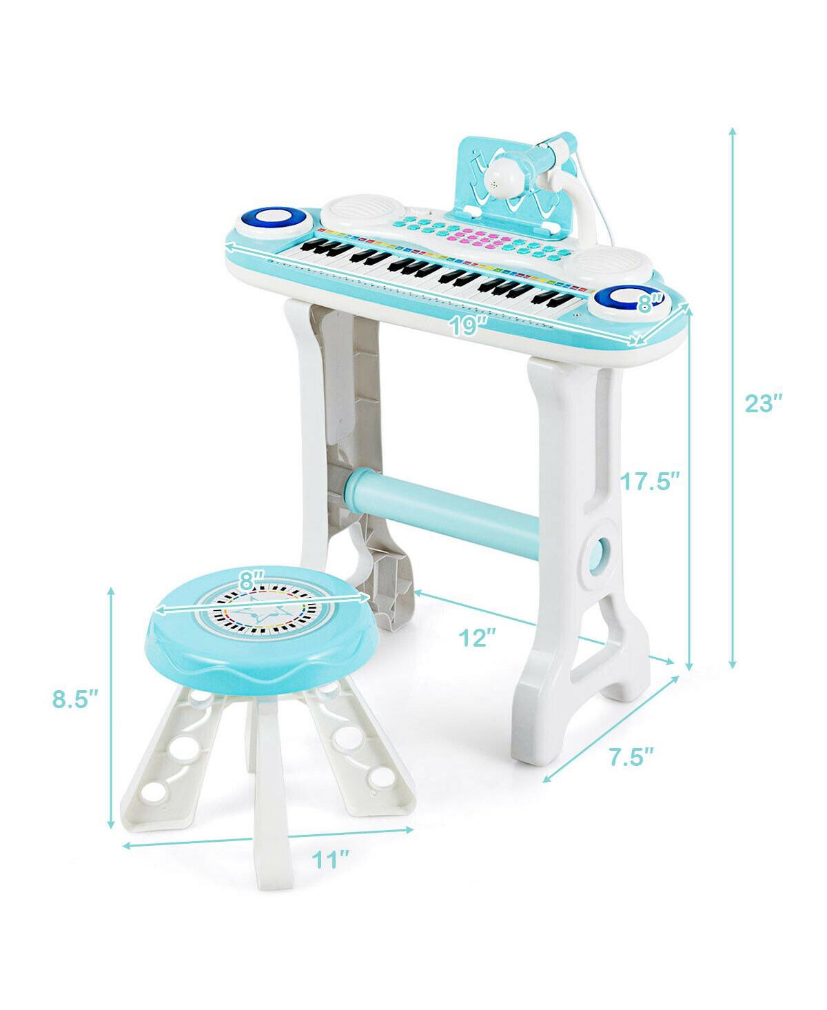 Gymax 37-Key Toy Piano Keyboard w/ Stool Microphone Electronic Organ for Kids - Blue + white