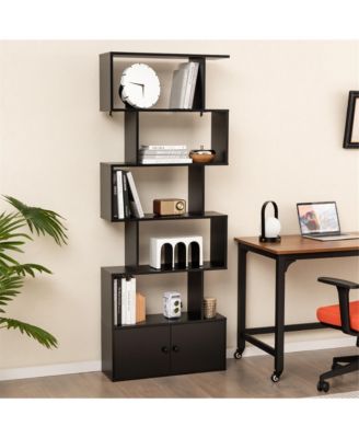 2PCS 6-Tier Shaped Bookshelf w/ Cabinet 6-Tier Tall Bookcase w/ Doors