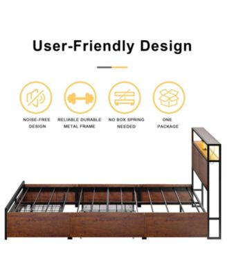 Queen Size Bed Frame with Storage Headboard & Charging Station & 4 Drawers Platform Bed