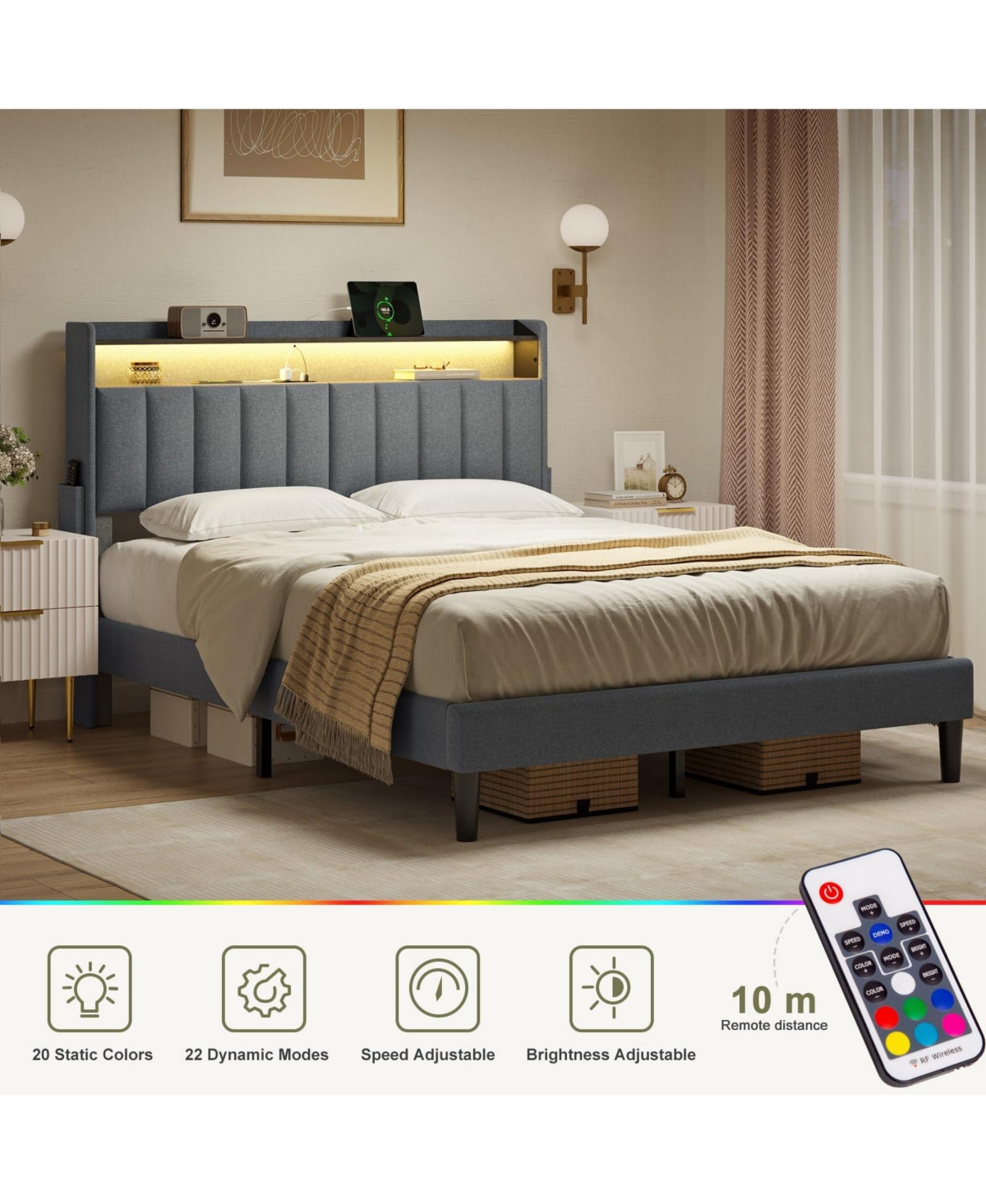 Hausource Queen/Full Size Bed Frame w/Storage Headboard & Charging Station & Led Light No Box Spring Needed, Full