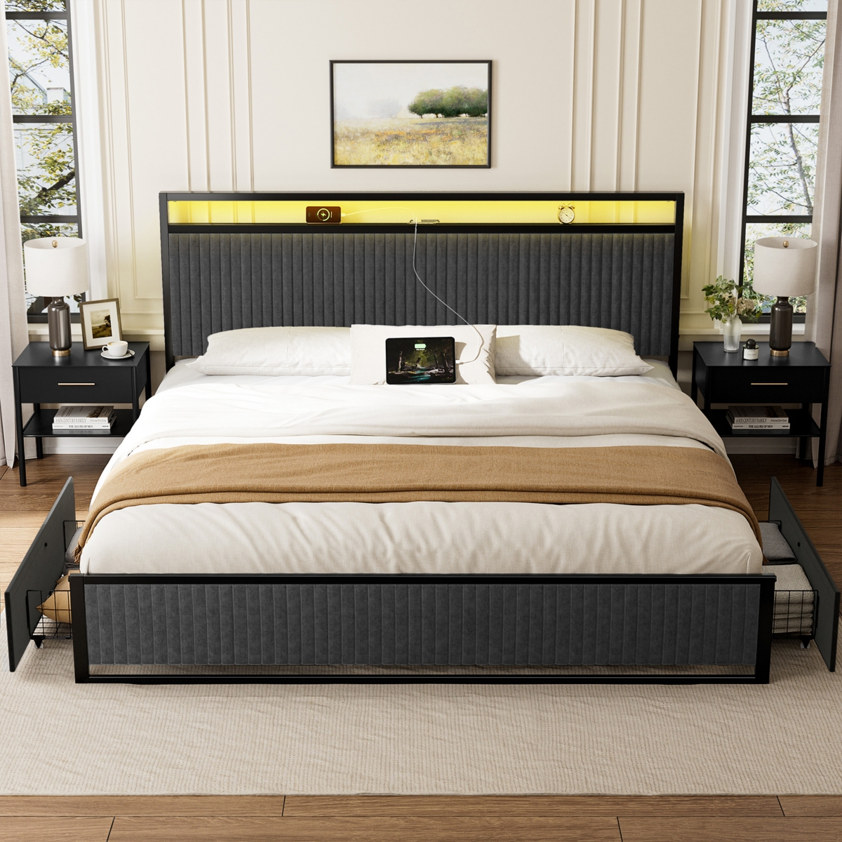 Hausource Full Bed Frame with Bookcase Storage Headboard and 2 Drawers Platform Bed No Box Spring Needed - Gray
