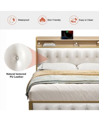 Queen Size Bed Frame with Storage Headboard & USB Ports & Outlets No Box Spring Needed