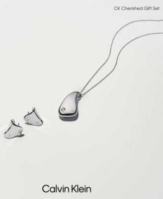 Stainless Steel Pav&eacute; Nugget Pendant Necklace & Stud Earrings Set 