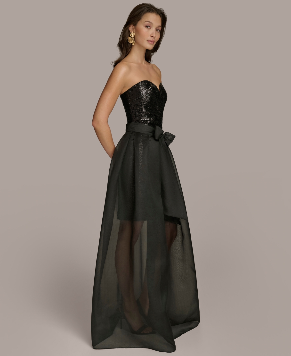 Donna Karan Women's Sequin Organza-overlay Bow-waist Gown In Black