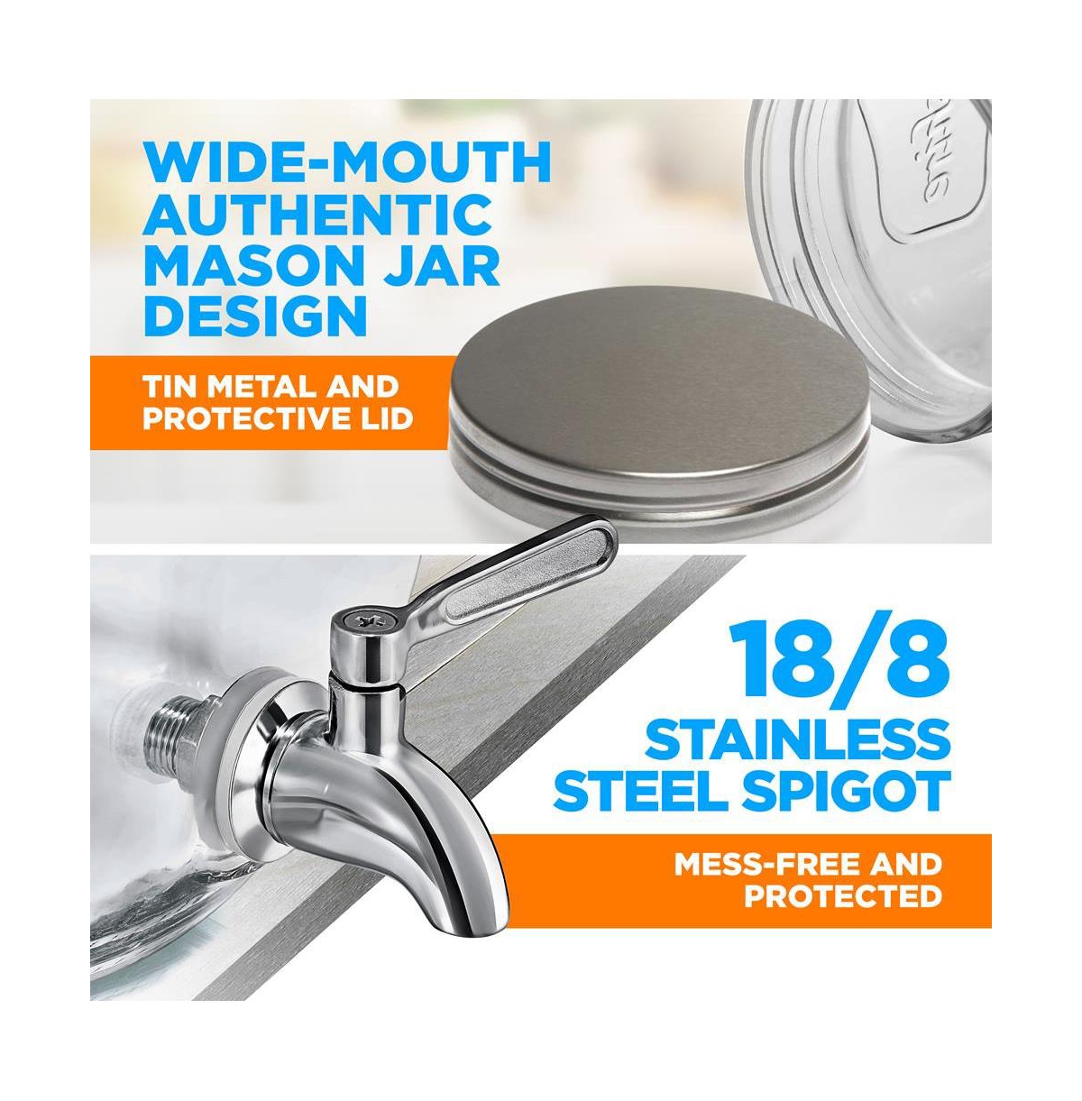 NutriChef 1-Gallon Glass Beverage Dispenser with Stainless Steel Tap & Lid