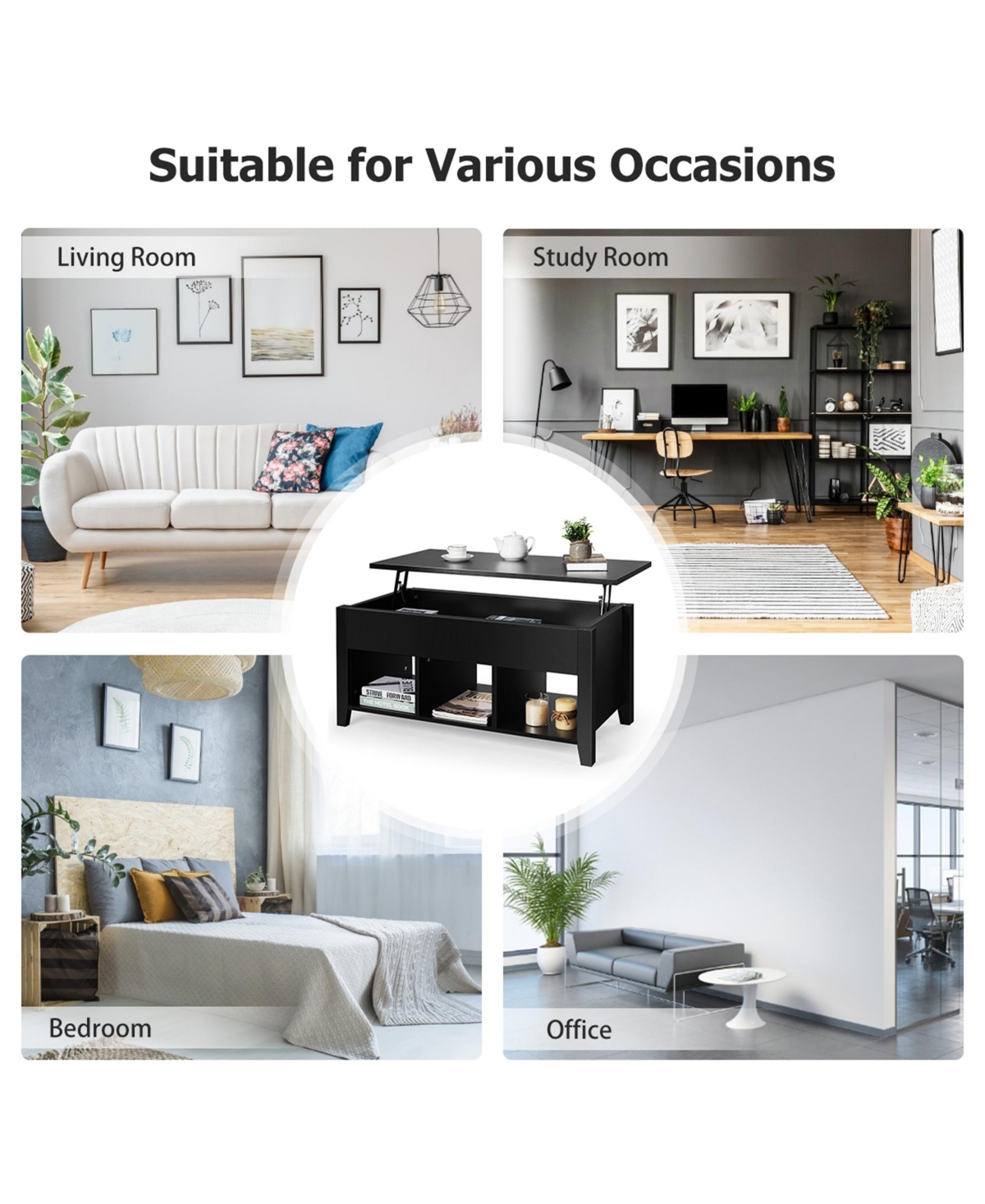 Gymax Lift Top Coffee Table w/ Storage Compartment Shelf Living Room Furniture- Black