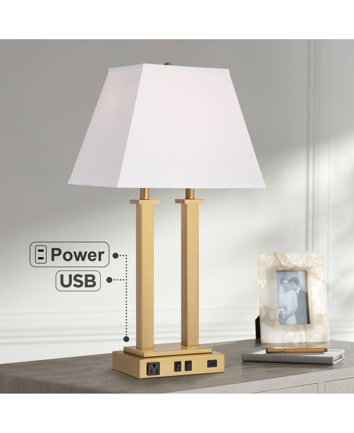 Amity 26" High Modern Desk Lamp Usb Port Ac Power Outlet Gold Warm Brass Finish Metal Single White Shade Home Office Living Room Charging Bedroom Beds