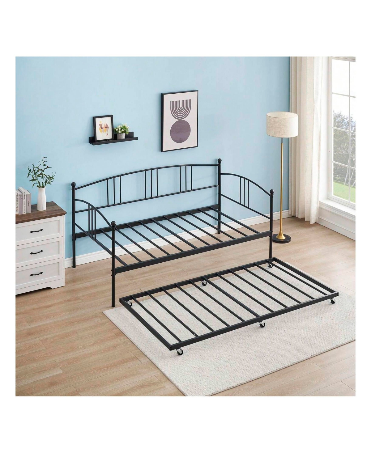 gaomon Rectangular Metal Daybed With Trundle, Sofa Bed Frame With 6 Casters And Steel Slat Support For Living Room, Bedroom And Guest Room