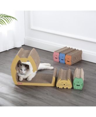 Kazoku 15.63" Modern Cardboard 5-in-1 Family Cat Cave Scratcher with Catnip and Pull-Out Design, Multi-Colored