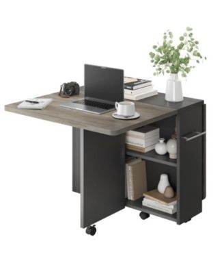 1 PC Wood Space Saving Folding  Dining Table with 2 Tier Storage-Extendable Drop Leaf Farmhouse Kitchen Dining Room Table